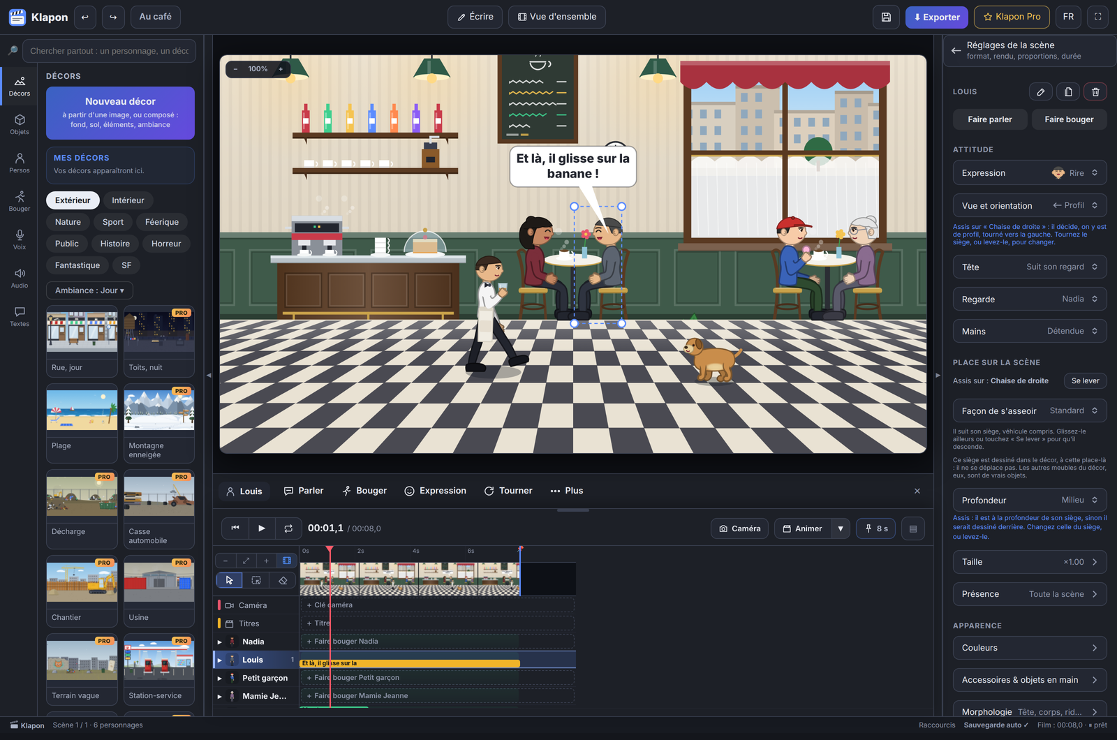 L'interface de Klapon : la bibliothèque de décors à gauche, une scène de café avec deux amis qui rient à une table, un serveur, un enfant et son chien, le panneau de réglages à droite et la frise des pistes en bas.