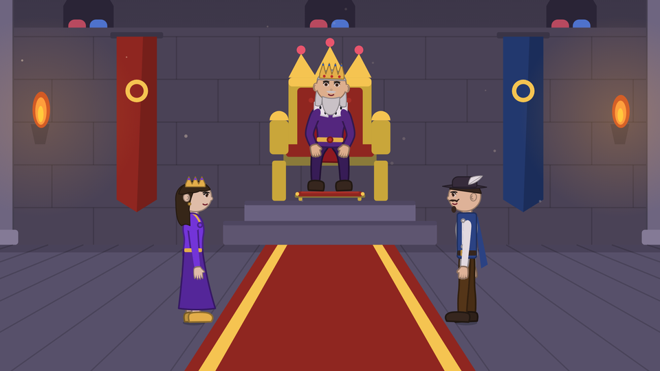 Salle du trône : le roi sur son trône, la reine et un mousquetaire de part et d'autre du tapis rouge.