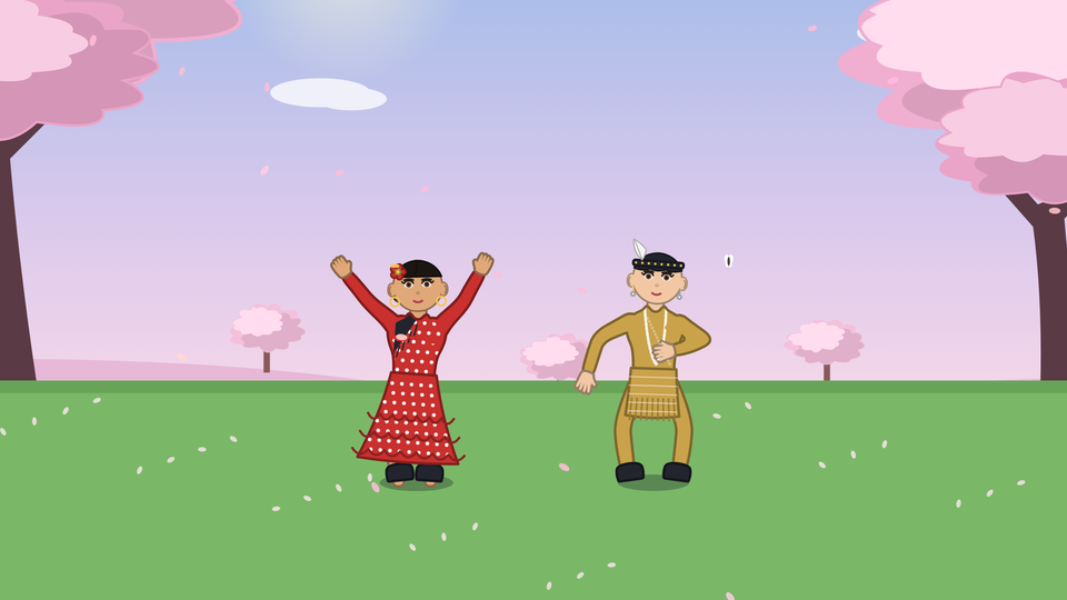 Deux personnages qui dansent sous des cerisiers en fleurs.