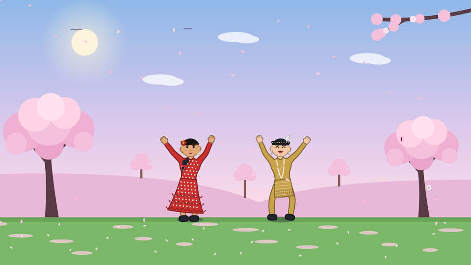 Deux personnages qui dansent sous des cerisiers en fleurs.