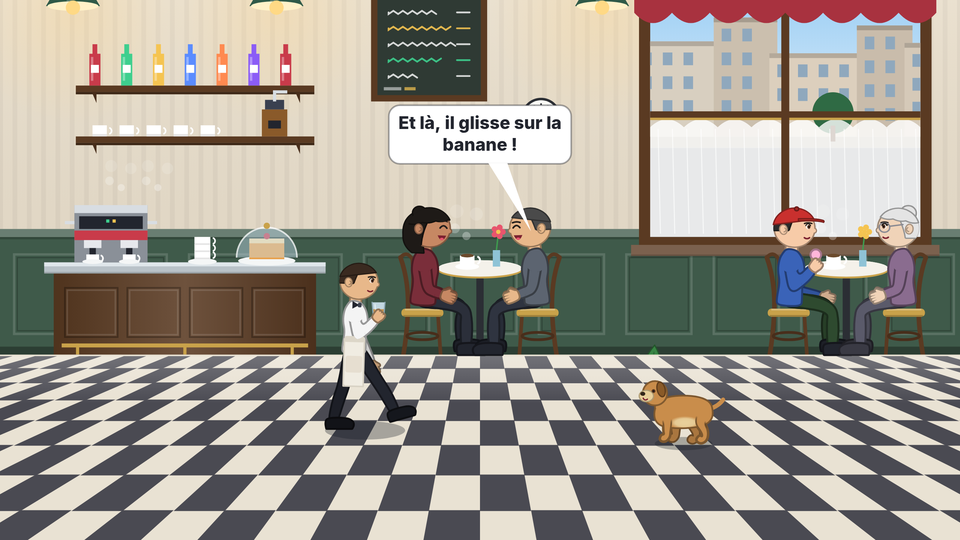 Scène de café : deux amis assis face à face qui rient, le serveur qui apporte un verre, un enfant avec sa glace et son chien.