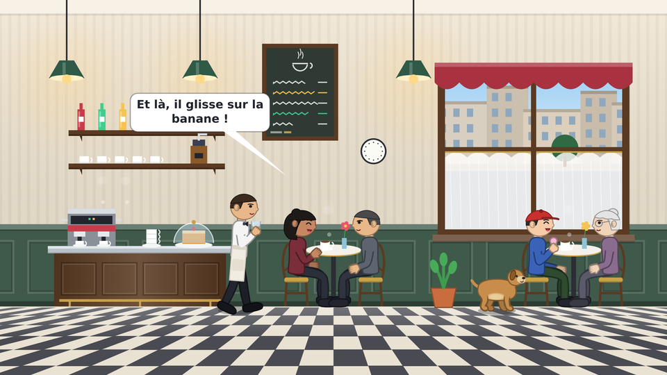 Scène de café : deux amis assis face à face qui rient, le serveur qui apporte un verre, un enfant avec sa glace et son chien.